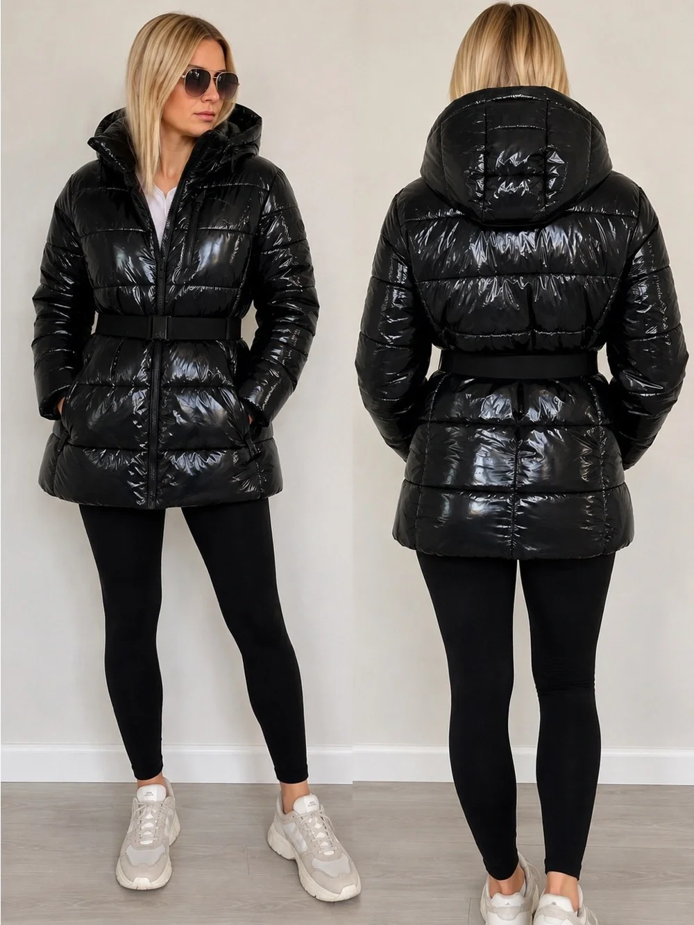 Calvin Klein Black Glossy Belted Puffer Jacket with Hood